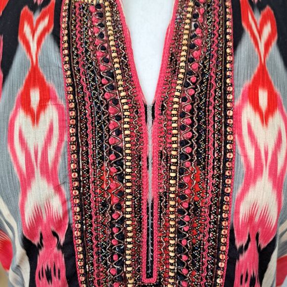 BELLA TU Ikat Hand Beaded Tunic Dress Size Small in Red Cap Sleeve - Picture 6 of 9